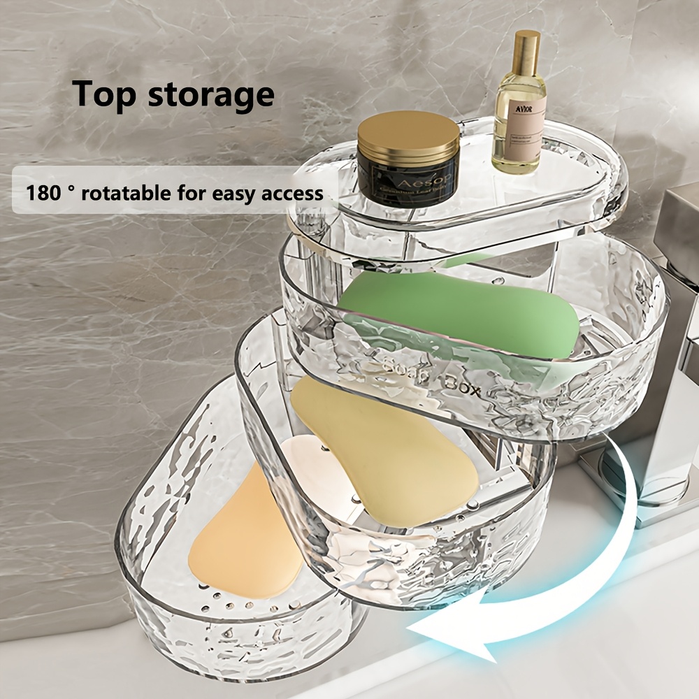 

3-tier Rotating Soap Dish With Drain - Wall-mounted, No-drill Installation, Rust-proof Plastic, Chic For Bathroom Organization