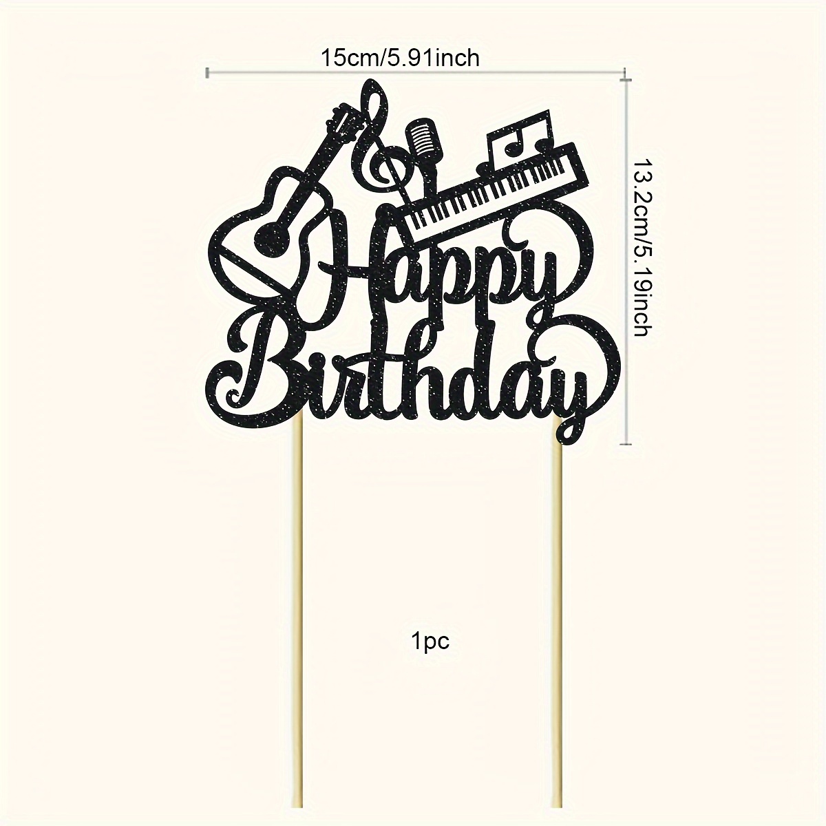 Décoration De Gâteau &*;* Anniversaire&*; à Paillettes Noires Avec Design Guitare Et Piano - Bambou * électricité, Papier * Plumes Pour Décorations De Fête, Halloween, Noël