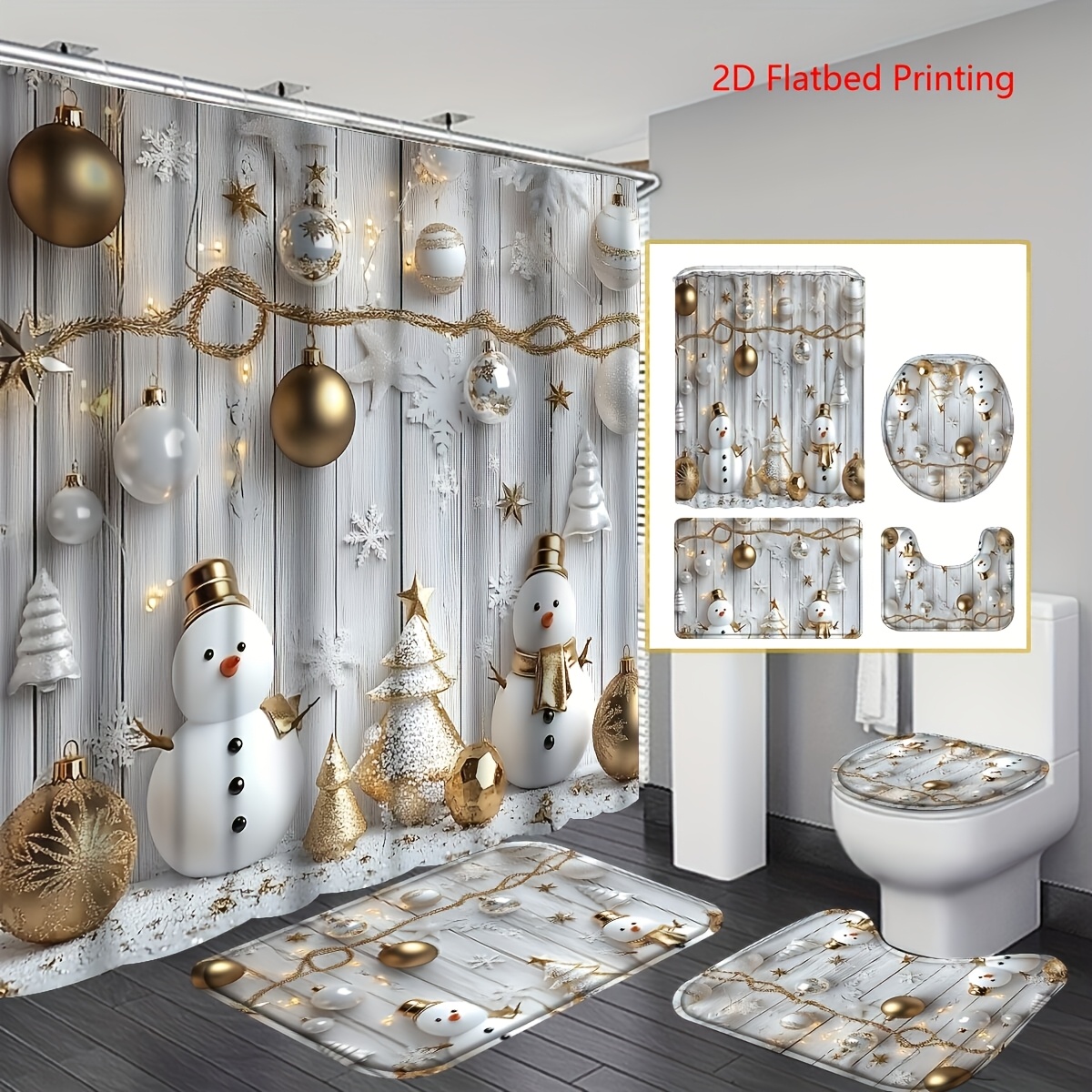 TEMU 2d Flat, 2d Flat, Set Of 4pcs Featuring A 2d Christmas Snowman Shower Curtain Along With Non-slip, A U-shaped Toilet, A Toilet Seat Cover, A