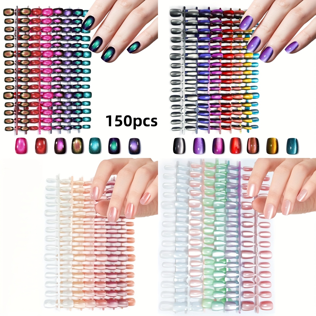 Image of Random 90pcs/150pcs Cat Eye Press-on Nails Different Colors, Press-on Nails, Square Natural Fake Nails, Exquisite Diamond Shine, Glossy Gradient Colors, Cat Eye Studs, , Press-on Nail Kit
