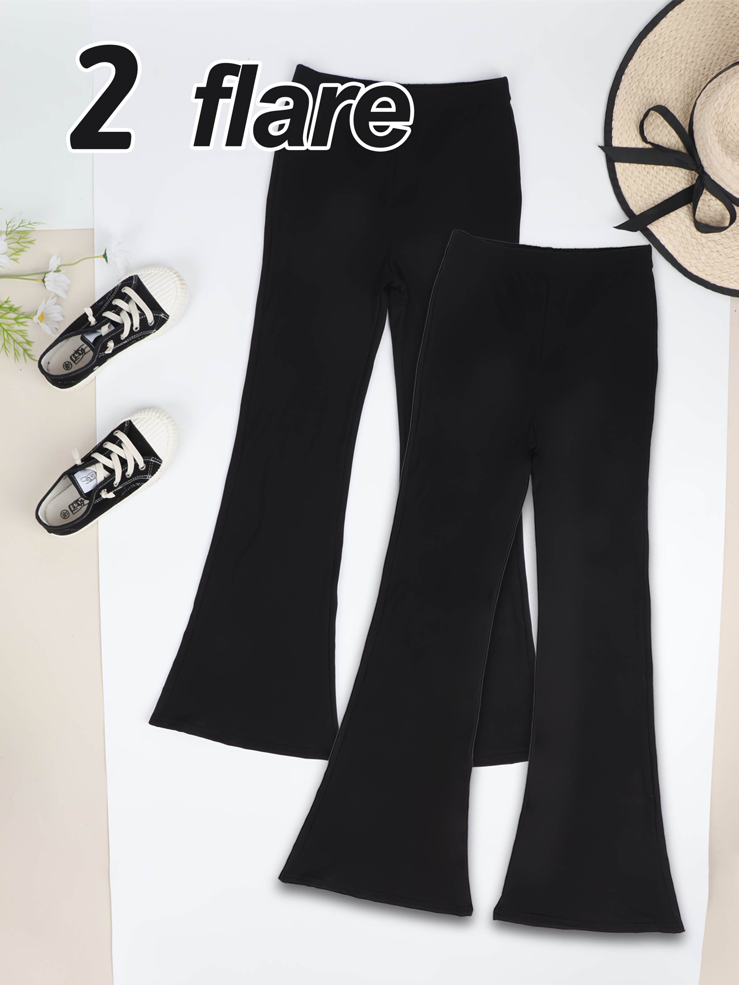 2 black basic elastic flared trousers medium and large s soft leggings floor length trousers for outdoor