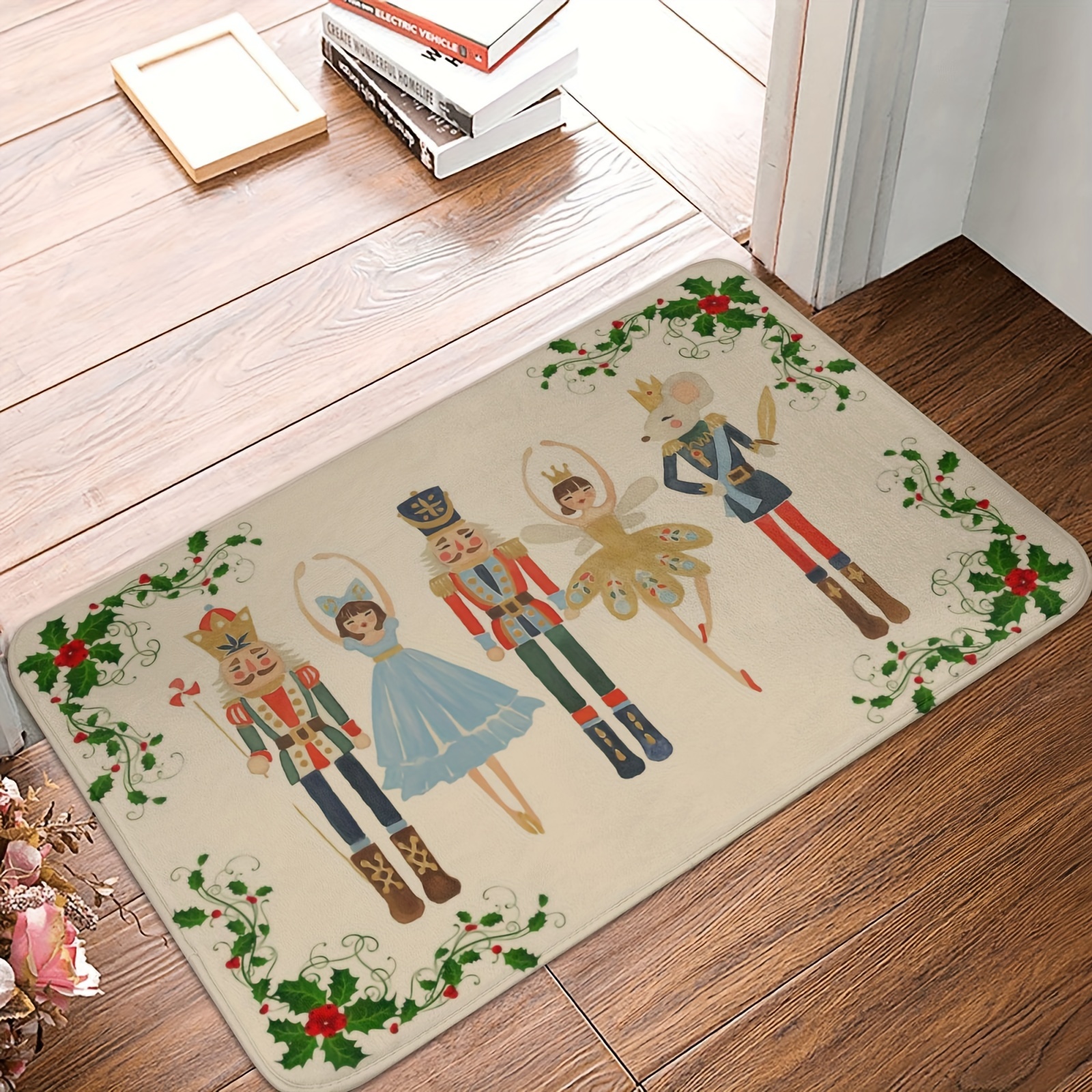 

1pc Polyester Nutcracker Christmas Welcome Doormat, Festive Watercolor Design Seasonal Indoor Welcome Rug, Machine Washable, 16 X 24 Inch