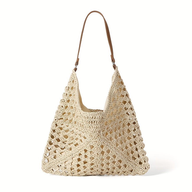 TEMU Handmade Knitted Hollow Women's Shoulder Bag Straw Woven Tote Bag Vacation Shoulder Handbag Large Capacity Beach Bag