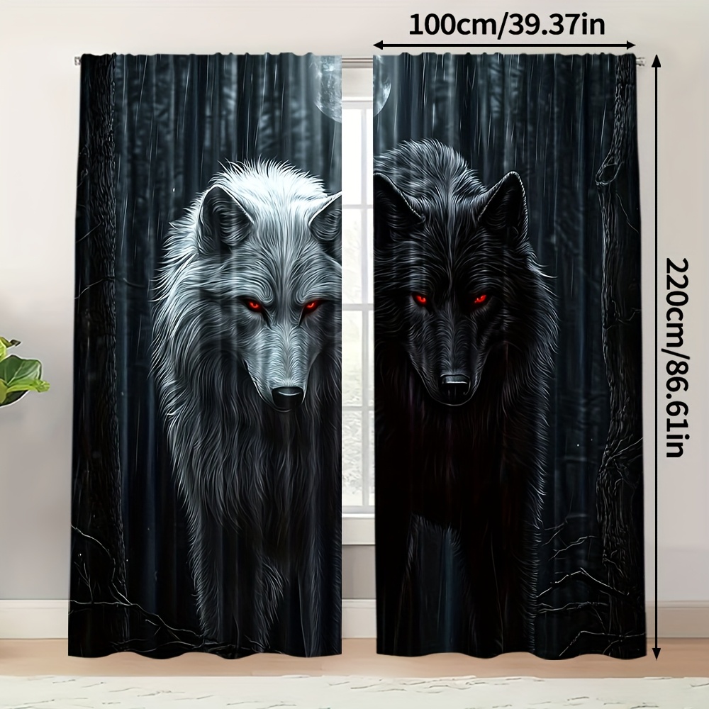 TEMU 2d Flat, 2pcs, 2d Flat Printing Popular Curtains 2d Wolf Machine Washable Fabric (without Rod,no Movement, No Battery) Decorations For Living