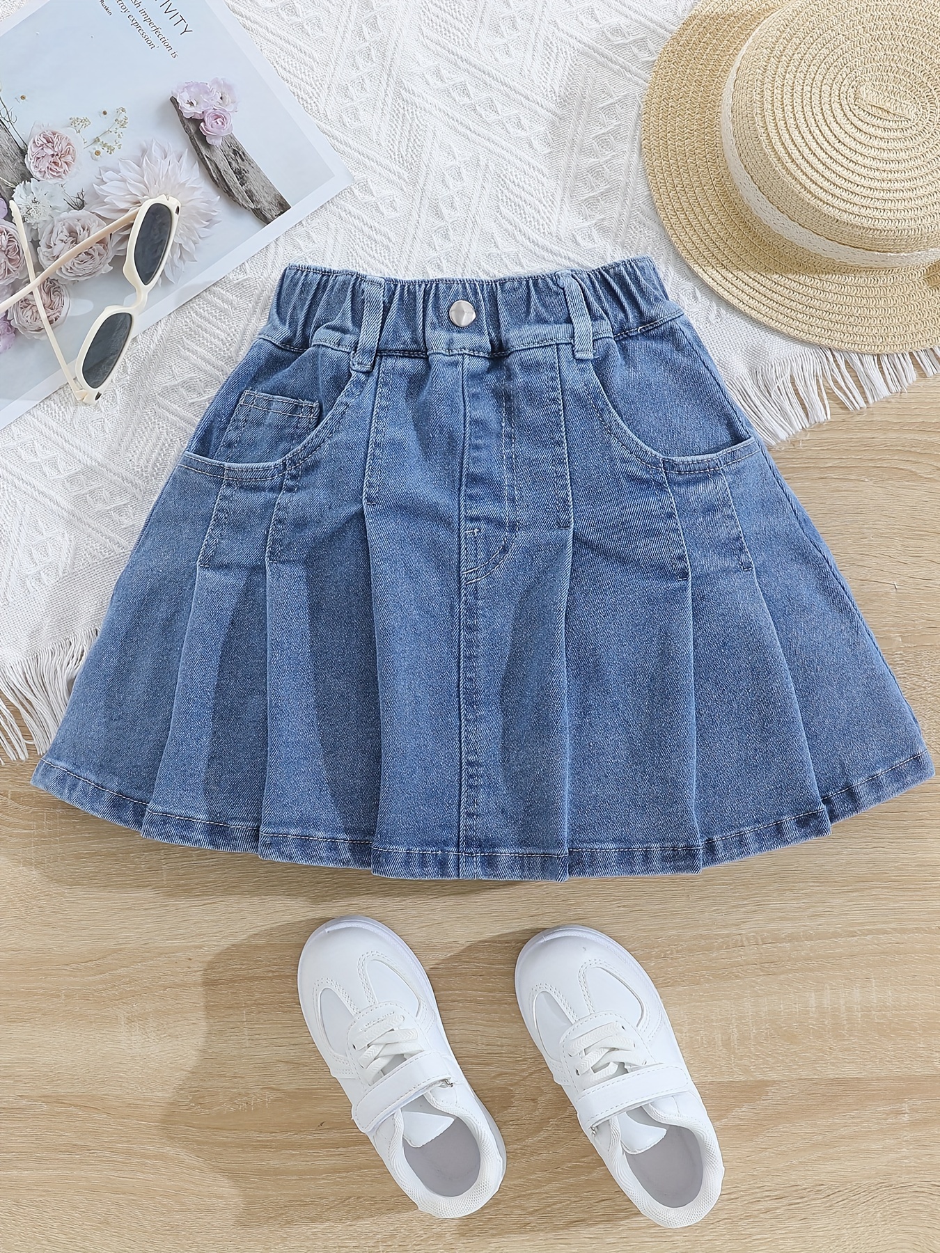 girls vintage inspired non stretch denim skirt pockets Temu
