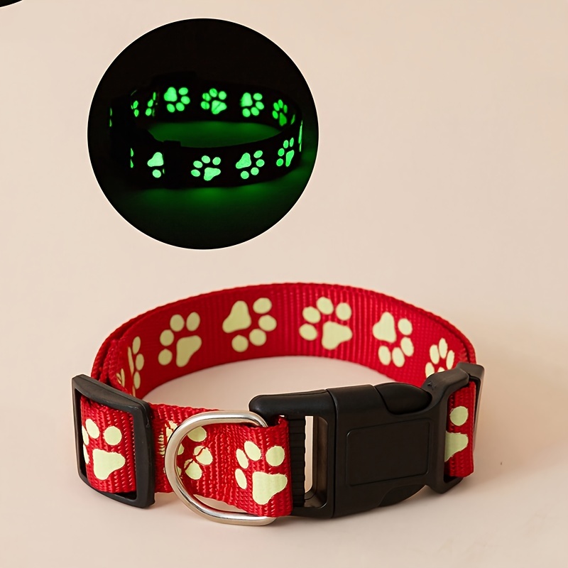 1pc paw print glow in the dark dog collar adjustable head and snap   polyester material animal print pattern night visibility for indoor and outdoor use   10