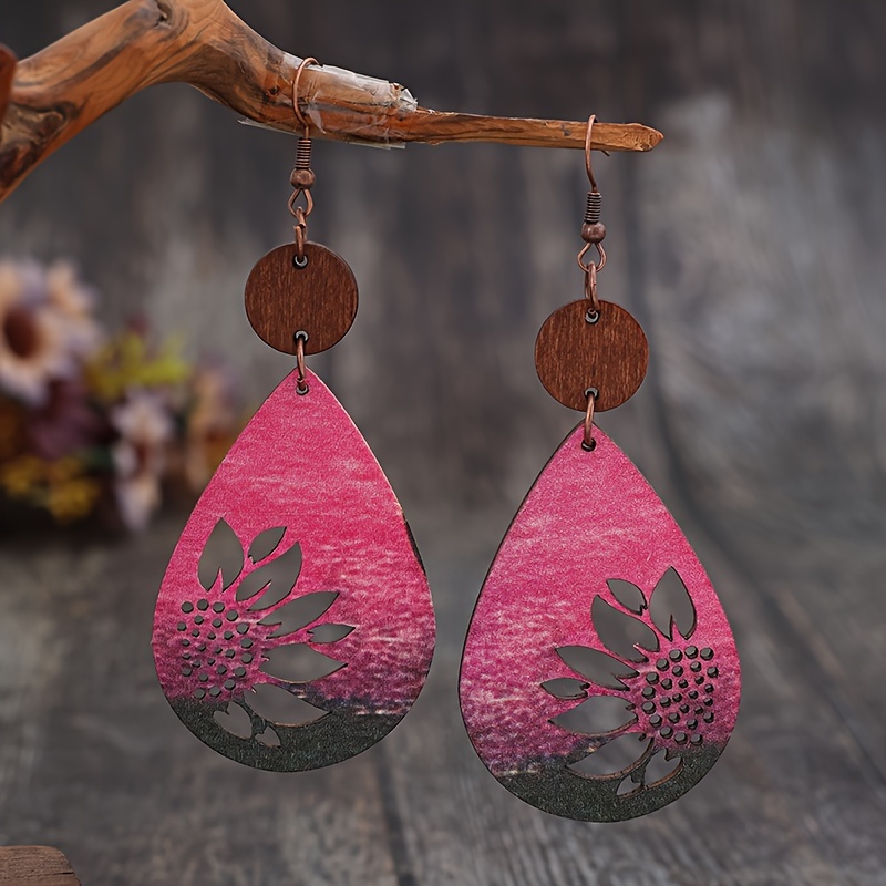 Image of Cross-border New Retro Creative Gradient Multicolor Hollow Sunflower Flower Droplet Wood Piece Wooden Earrings