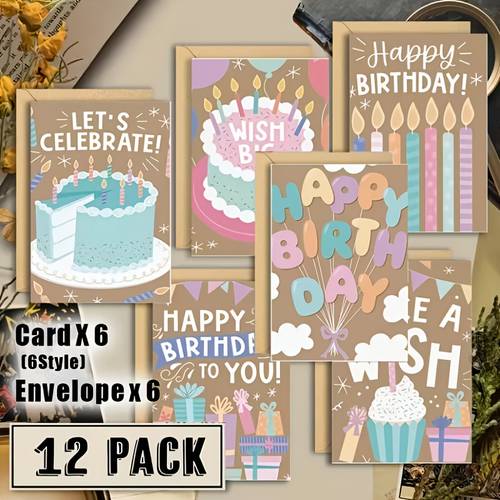 12 pack fun birthday greeting cards with envelopes 6 unique text designs vibrant illustrations for friends mom dad ideal for birthdays graduations parties celebrations high quality paper self seal closure
