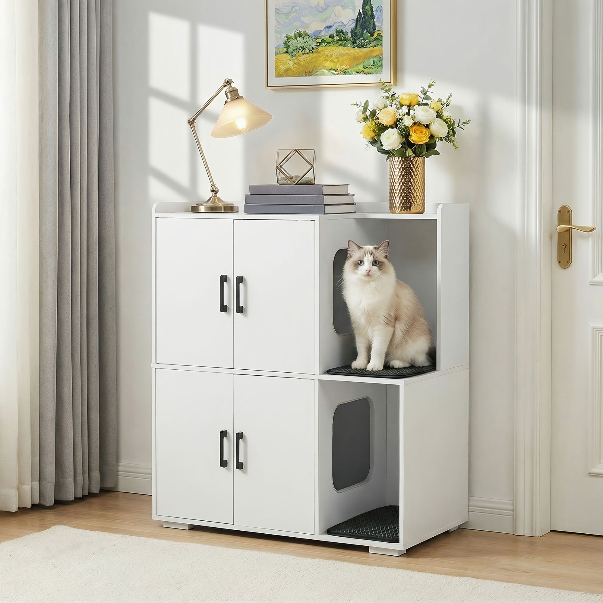 TEMU Cat Litter Box Cabinet For 2 Cats, Cat Toilet Cabinet Two-story, Cat Litter Box House, Cat Cave Wood, With 2 Litter Mats, 80 X 46.5 X 91.5cm