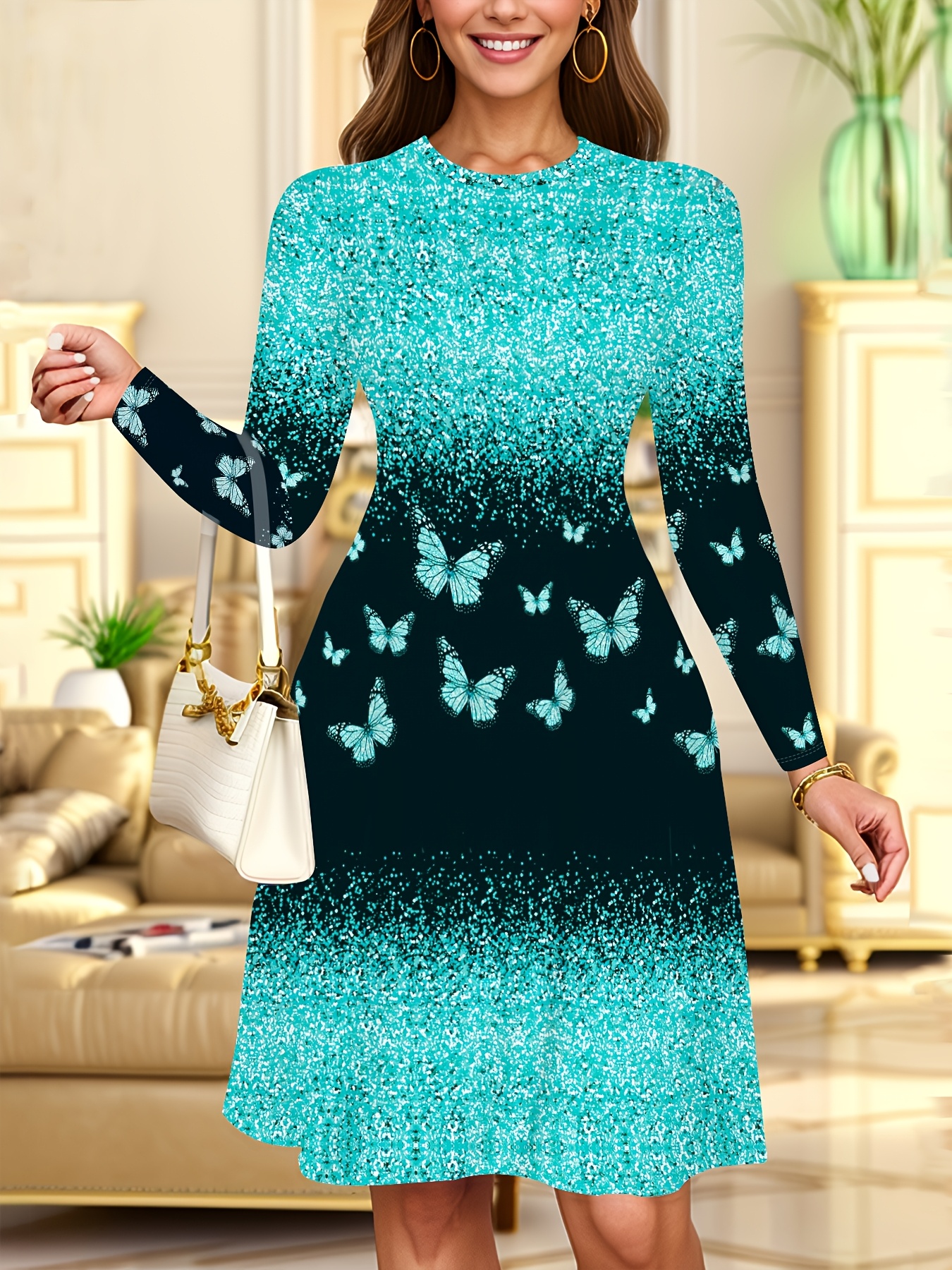 women's elegant round neck long sleeve dress - black with turquoise print,  fitted silhouette, machine washable spring/fall casual & semi-formal wear,  attire, flowy fabric gown - women's clothing