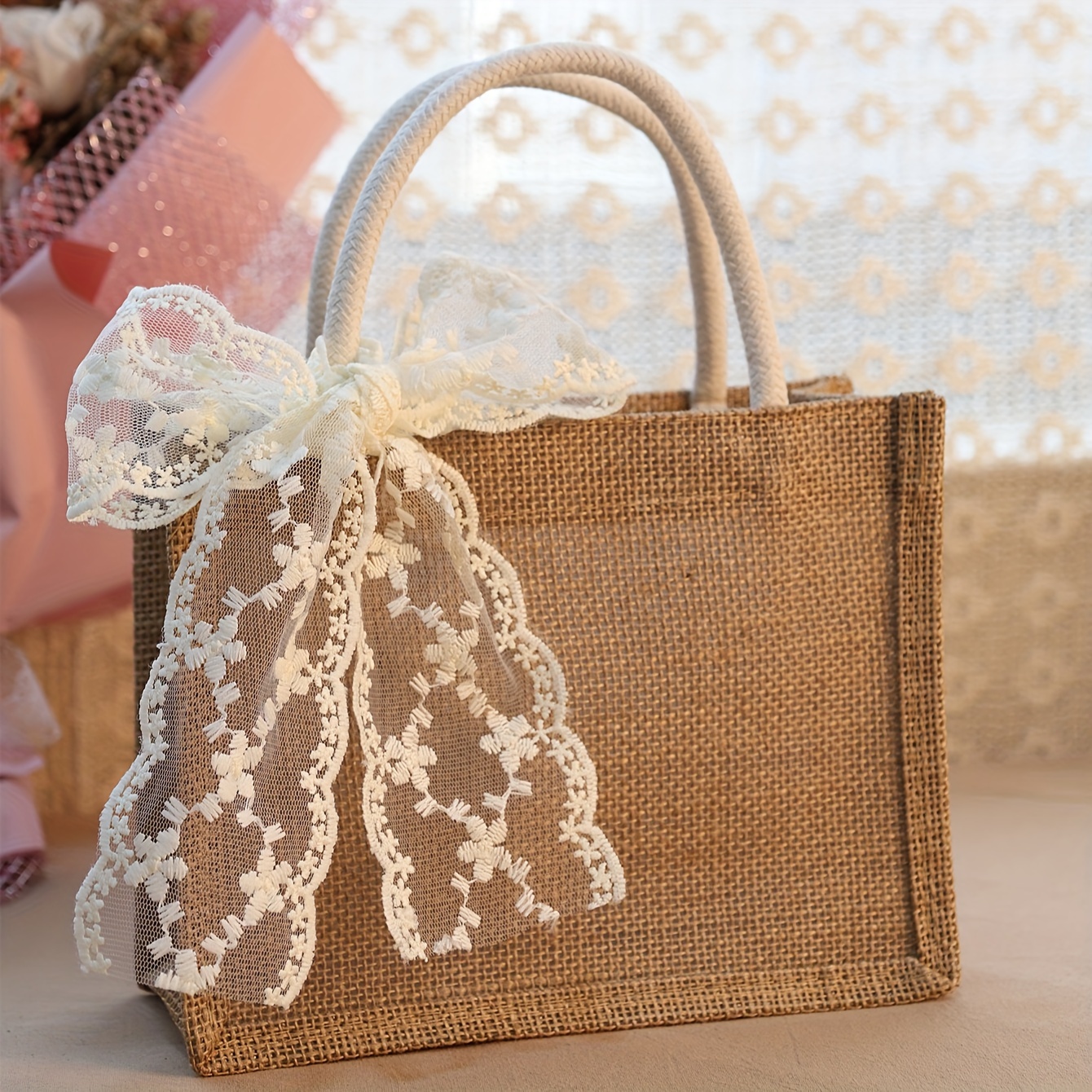 

1pc Jute Party Gift Bag With Ribbon Beach, Grocery, Diy.shopping, Work, Sport, Women.moms.teachers,