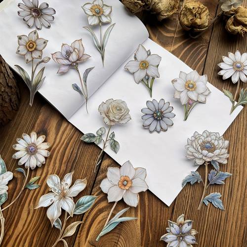 15 sheets pack vintage thick paper stickers long stem flowers hard card sticker pack floral shadow series diary journal decoration scrapbooking material landscape design die cut stickers