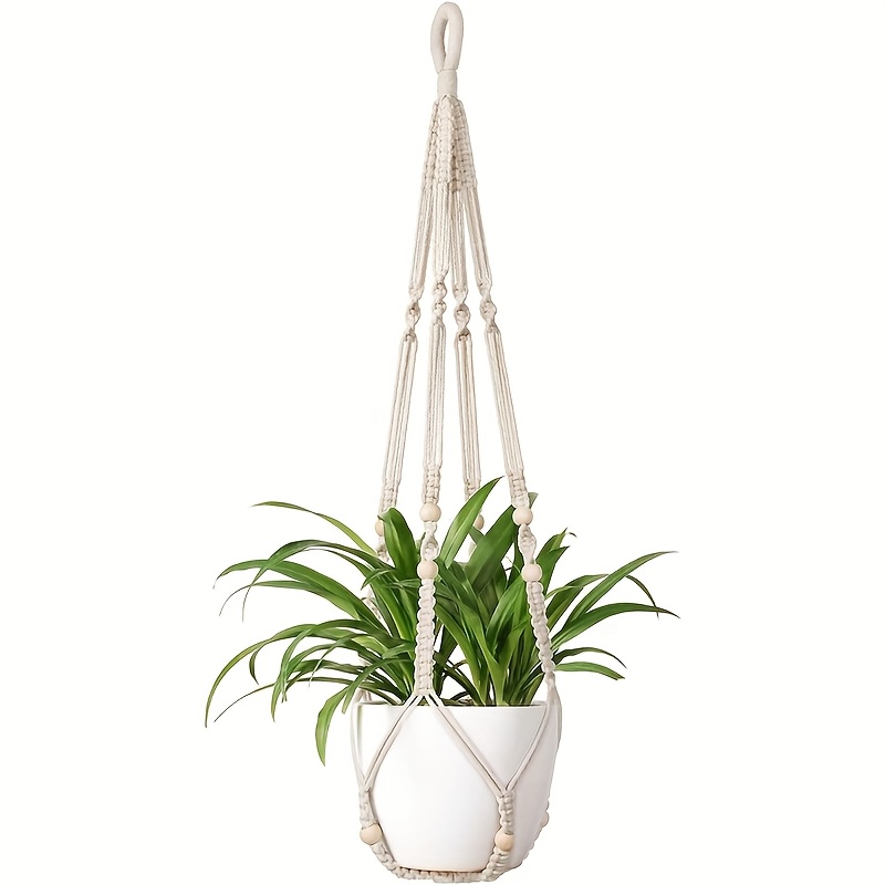 Image of Macrame Plant Hanger Indoor Hanging Planter Basket With Wood Beads Decorative Flower Pot Holder No Tassels For Indoor Outdoor Boho Home Decor 35 Inch, Ivory, Set Of 1 (pots Not Included)