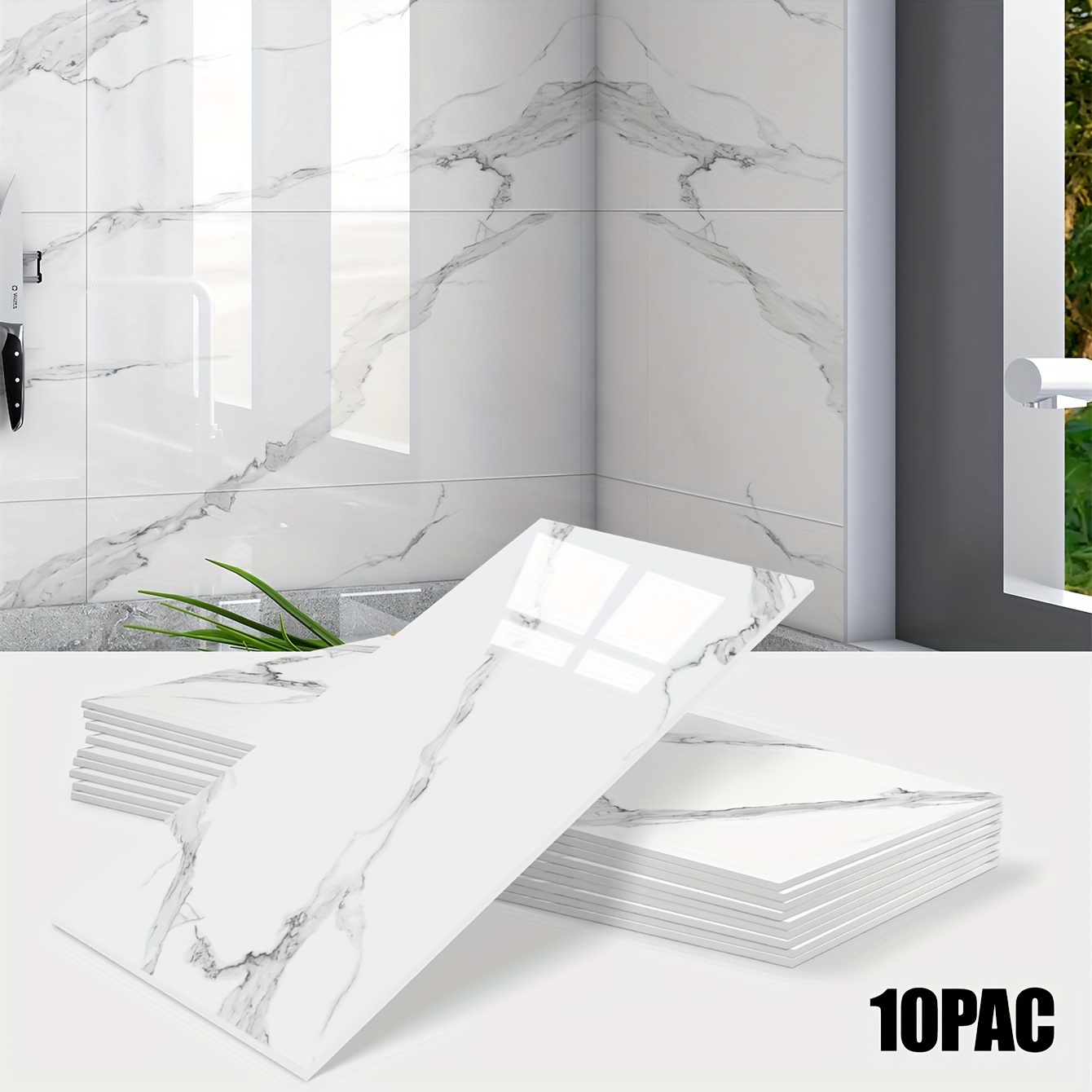 Image of 10pcs/1.8㎡ Marble Peel And Stick Waterproof Wall Panels (19.4 Sq. Ft. Coverage) - Heat-resistant Backsplash Tile, Pvc Wall Panels For Kitchen, Bathrooms, Living Rooms, Bedrooms, And Tv Walls