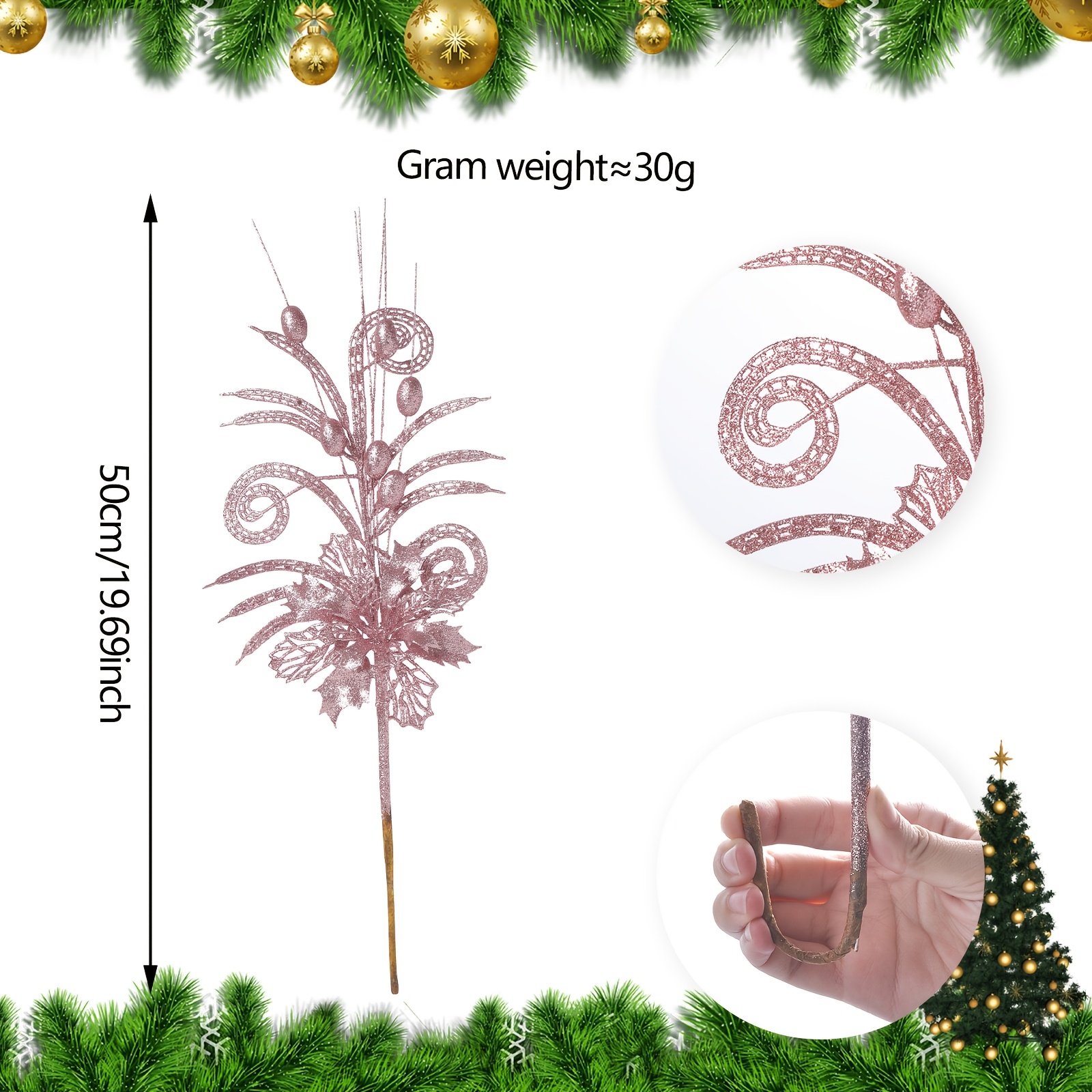 TEMU 4pcs 19.69-inch Artificial Flowers, Pink Hollowed-out Golden- Christmas Floral Stems, Suitable For Christmas Tree, Wreath, And Gift Box Diy