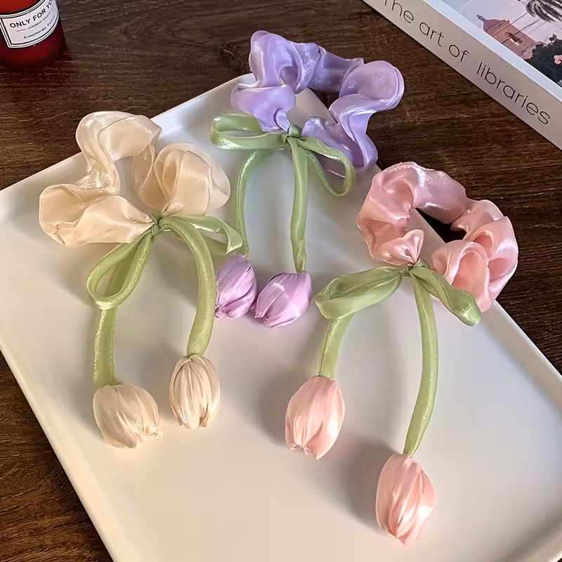 3pcs elegant french tulip hair ties high acrylic hair bands with colorful tulips ideal gift for friends cute hair accessorie details 2