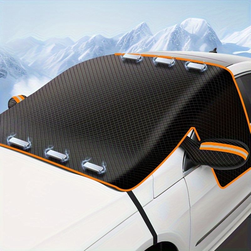 

[winter Ready] Polyester Car With Magnetic Strips - Black Grid Design With Orange , Front Windshield Protection For Snow, Ice, And Frost, Weather-resistant, Fits Vehicle Models, Winter Accessories