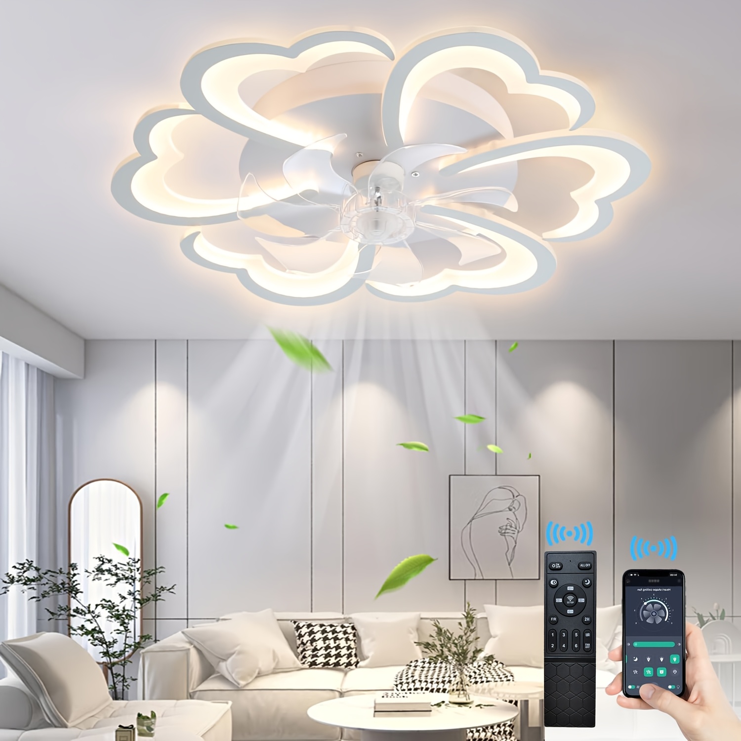 Image of Fan With Lights And Remote, Modern Flush Mount Enclosed Ceiling Fan, Low Profile Dimmable Indoor Ceiling Fan Light For Bedroom Living Room Room Patio