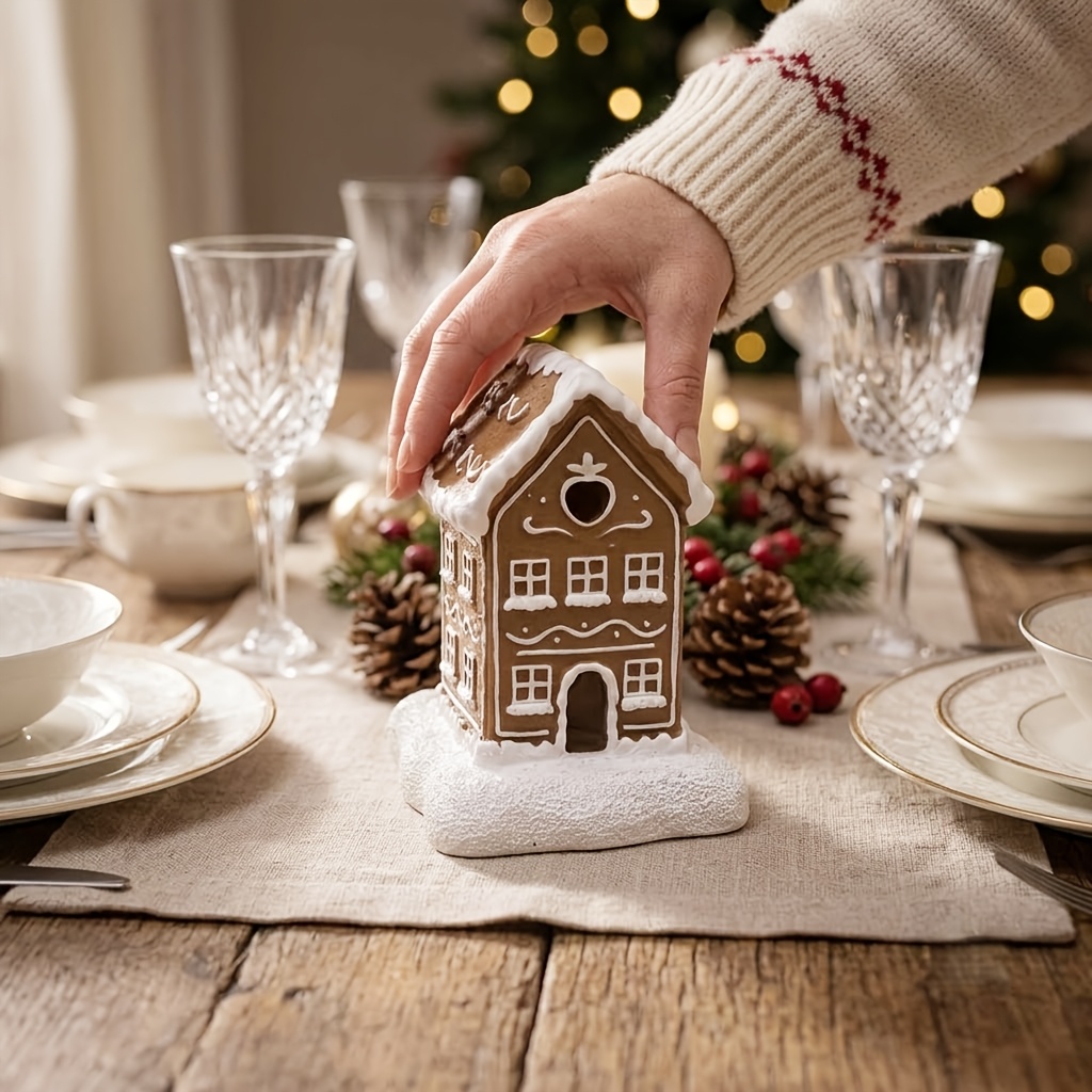 TEMU Maison d'épices en résine, détails de dentelle de sucre et de de neige, base confortable de de neige - Centre de table de Noël fantaisiste et