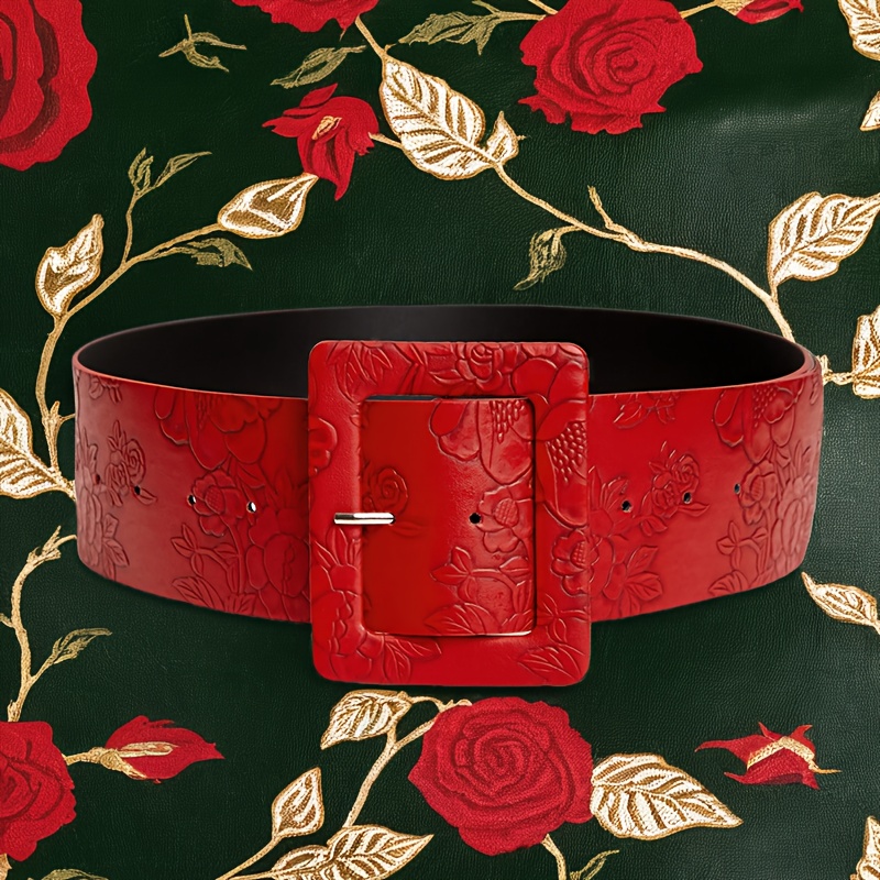 Vintage Red Embossed Wide Belt for Women Adjustable Waistband