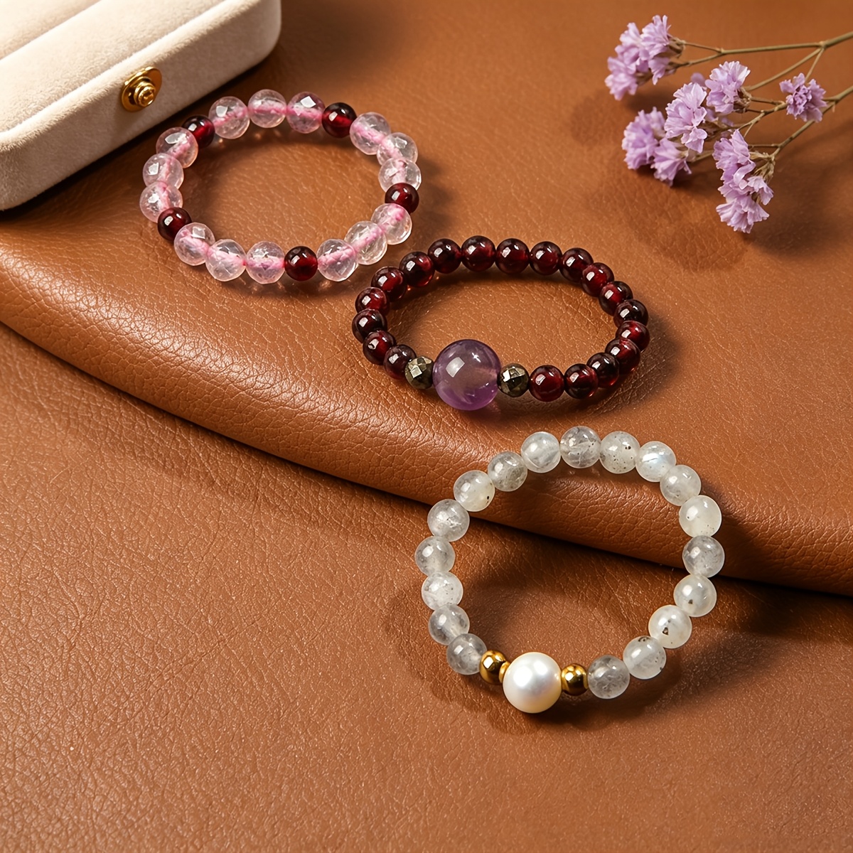 3pcs Natural Rose Quartz Stackable Ring Set, Exquisite Gift