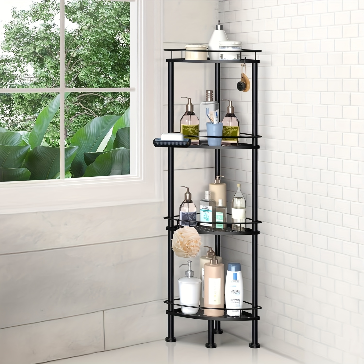 

4-tier Black Stainless Steel Corner Shower Caddy - Rustproof, Freestanding Bathroom Storage Rack For Shampoo & Shower Gel With Trapezoidal Shelves - Organizing Bathroom , Shelves