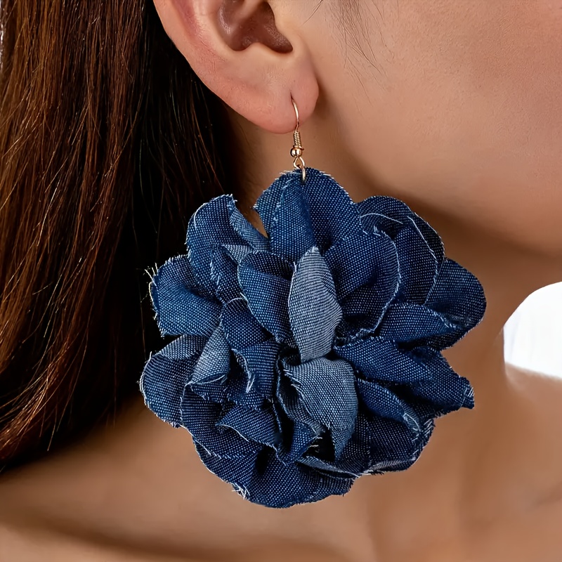 

Bohemian Handmade Denim Fabric Flower Dangle Earrings, Blue, Fashionable For Women, Party And , Polyester, Iron Post, No Plating