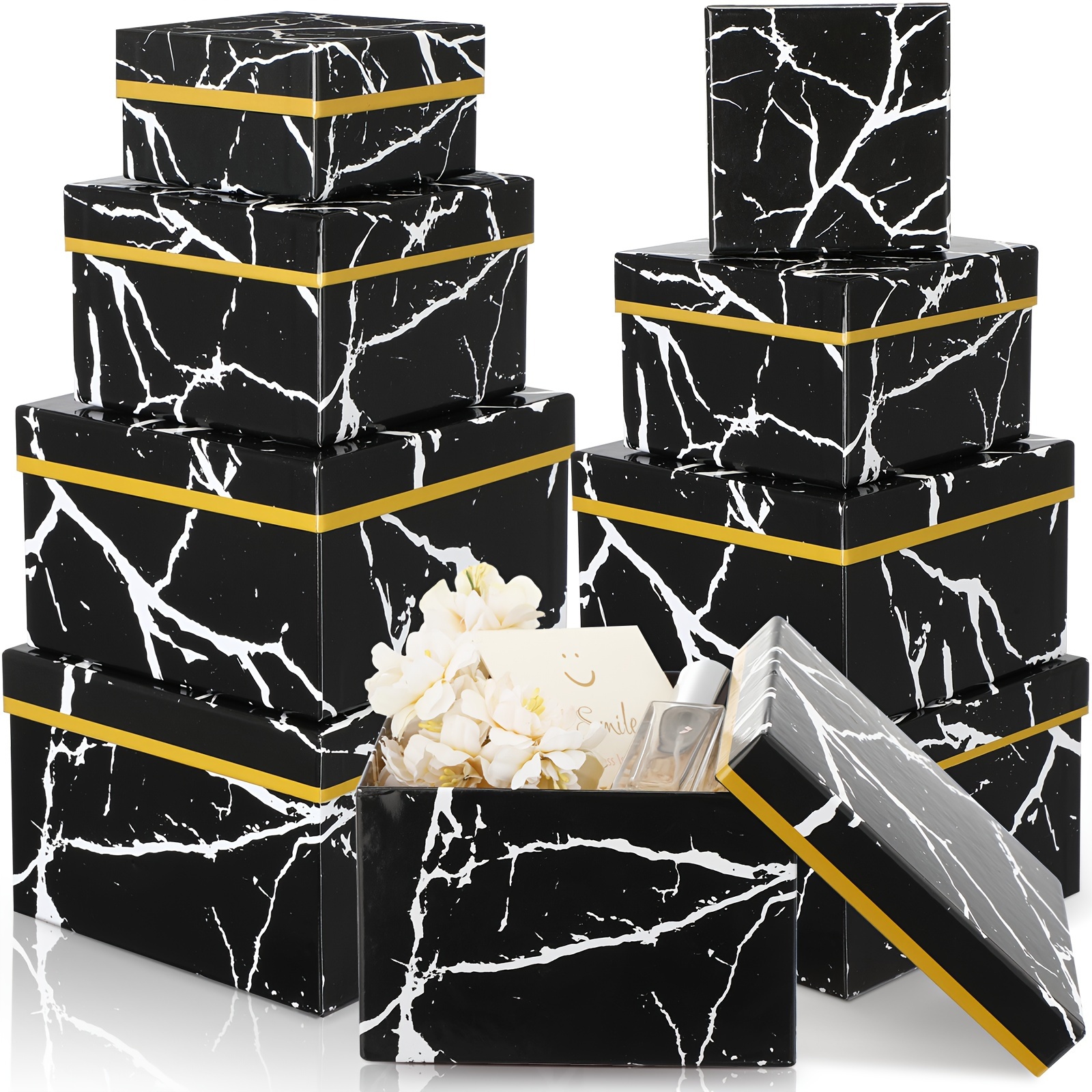 

8 Set Square Nesting Gift Boxes With Lids For Presents Marble Floral Boxes Arrangements Flowers Boxes 4 Assorted Sizes With Bow For Wedding Nurse Gift Bridal Shower (black And White, Square)