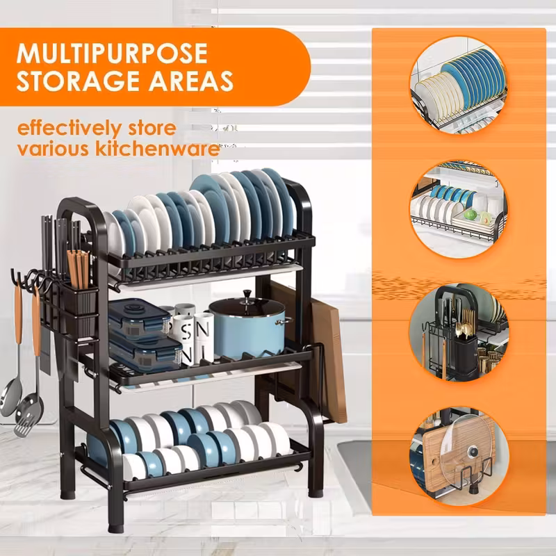 3 tier dish drainer 52cm dish drying rack with removable drip tray with cutlery holder chopping board rack kitchen organizer and storage rust proof large metal kitchen plate drainer black details 4