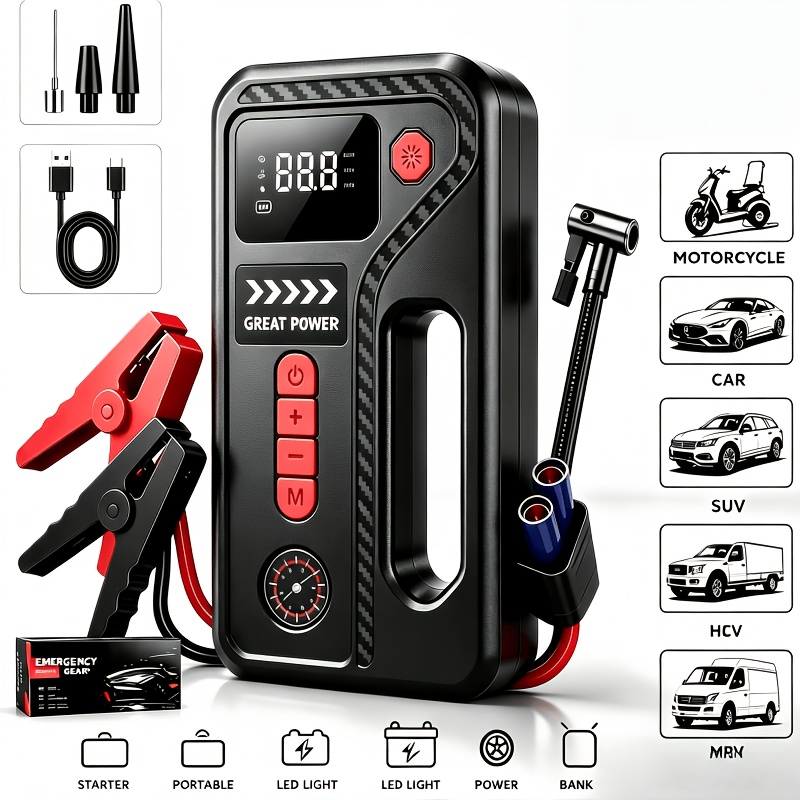 TEMU 15000aportable Car Emergency Supply, Battery Emergency Start, And 10-in-1 Tire Inflator, 12v Car, Usb Input/output, Led Emergency Light, Car