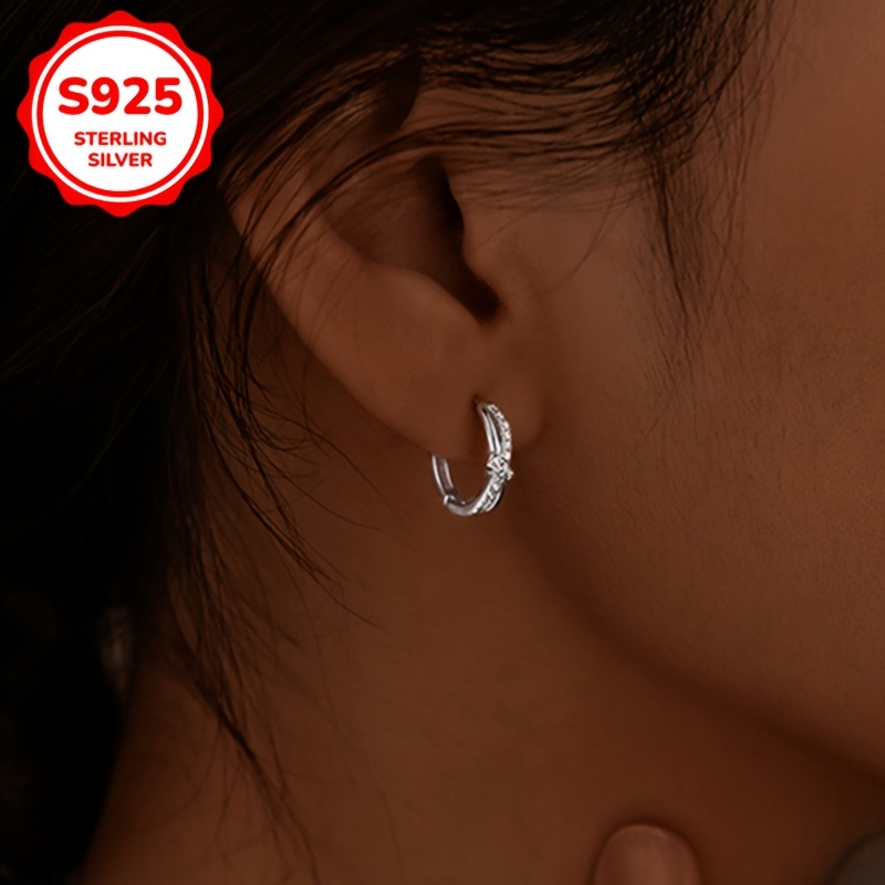 

1 Pair S925 Sterling Earrings With Synthetic Zirconia, April Birthstone, , Half Hoop Design For Daily And Gift