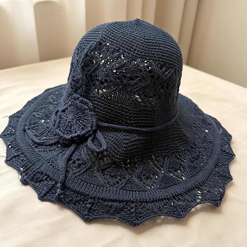 TEMU 1pc Women's Handmade Crochet Lace Mesh Wide Brim Hat, Floral Decor Breathable Bucket Hat With Retro Ruffles, Available