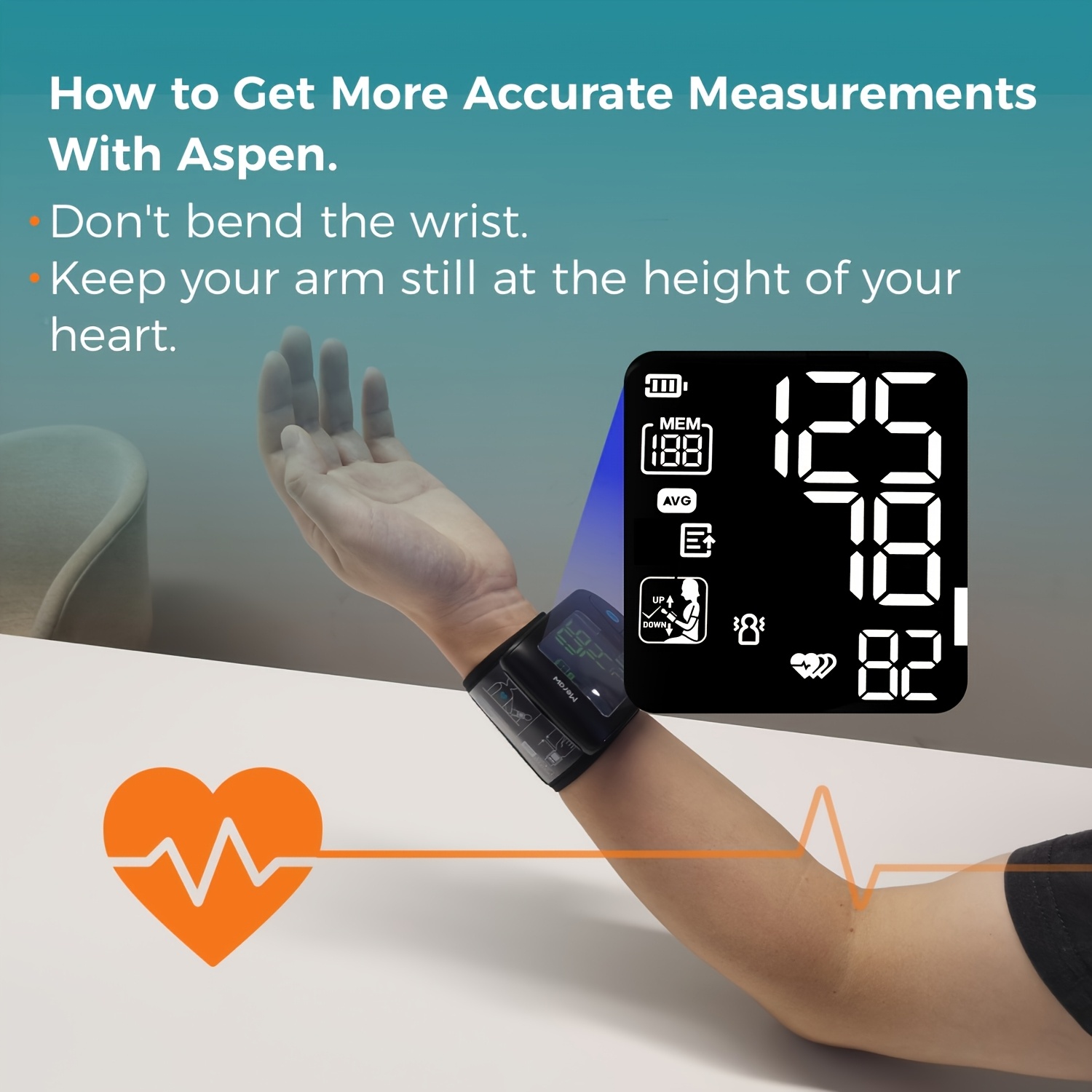   wrist   for adults with large 5 3 8 5 cuff high   automatic bp machine irregular heartbeat detection app   ios   backlit lcd display aaa battery powered   monitoring sleek device design durable electronic device   wrist cuff Product details 1