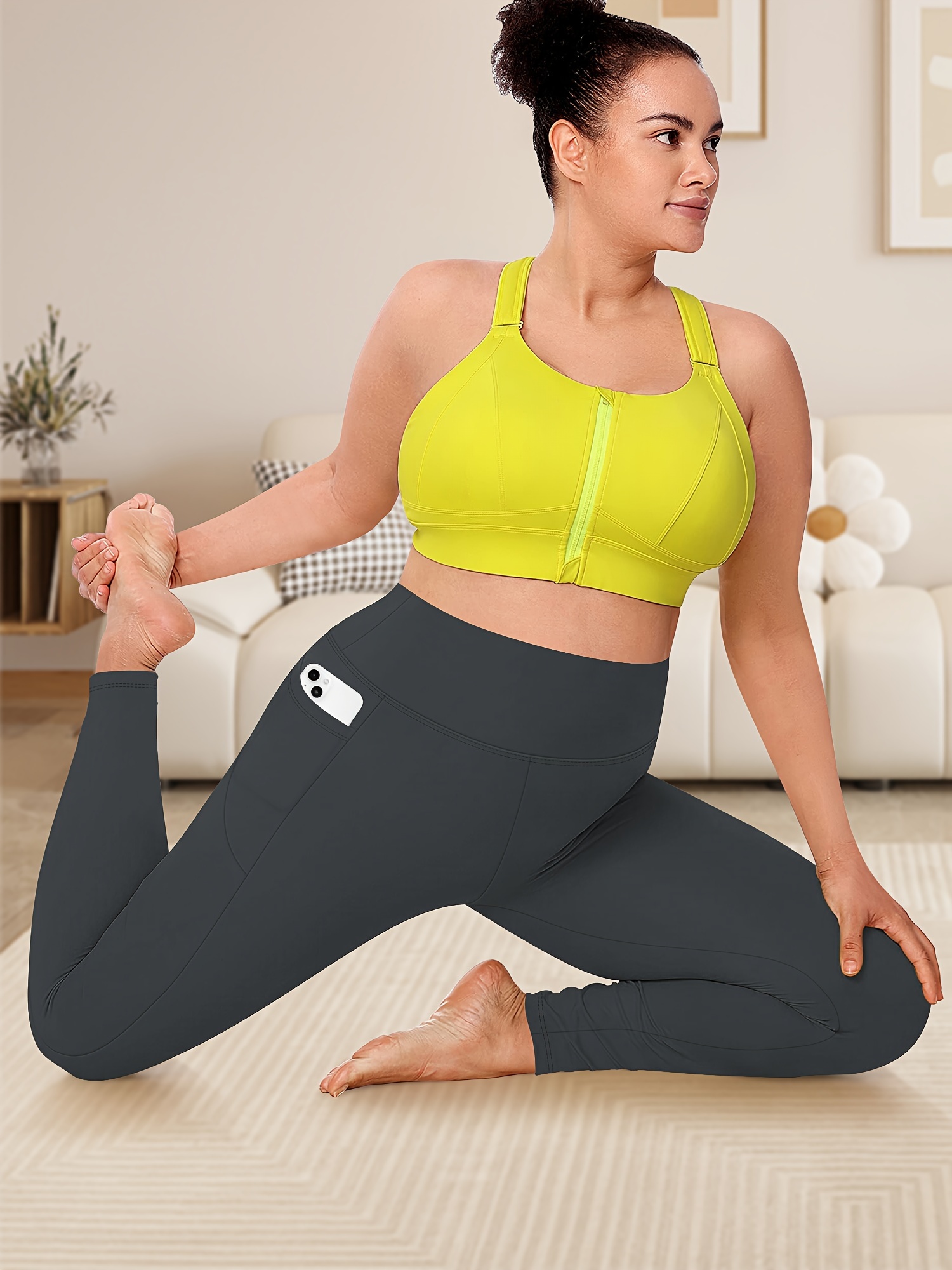 Women'S Plus Size High Waist Tummy Control Leggings with Side Pockets, 88% Polyester 12% Elastane, Knit Fabric, Stretchy Cropped Yoga Pants for Running & Fitness, All Season Solid Color Athletic Skinny Pants