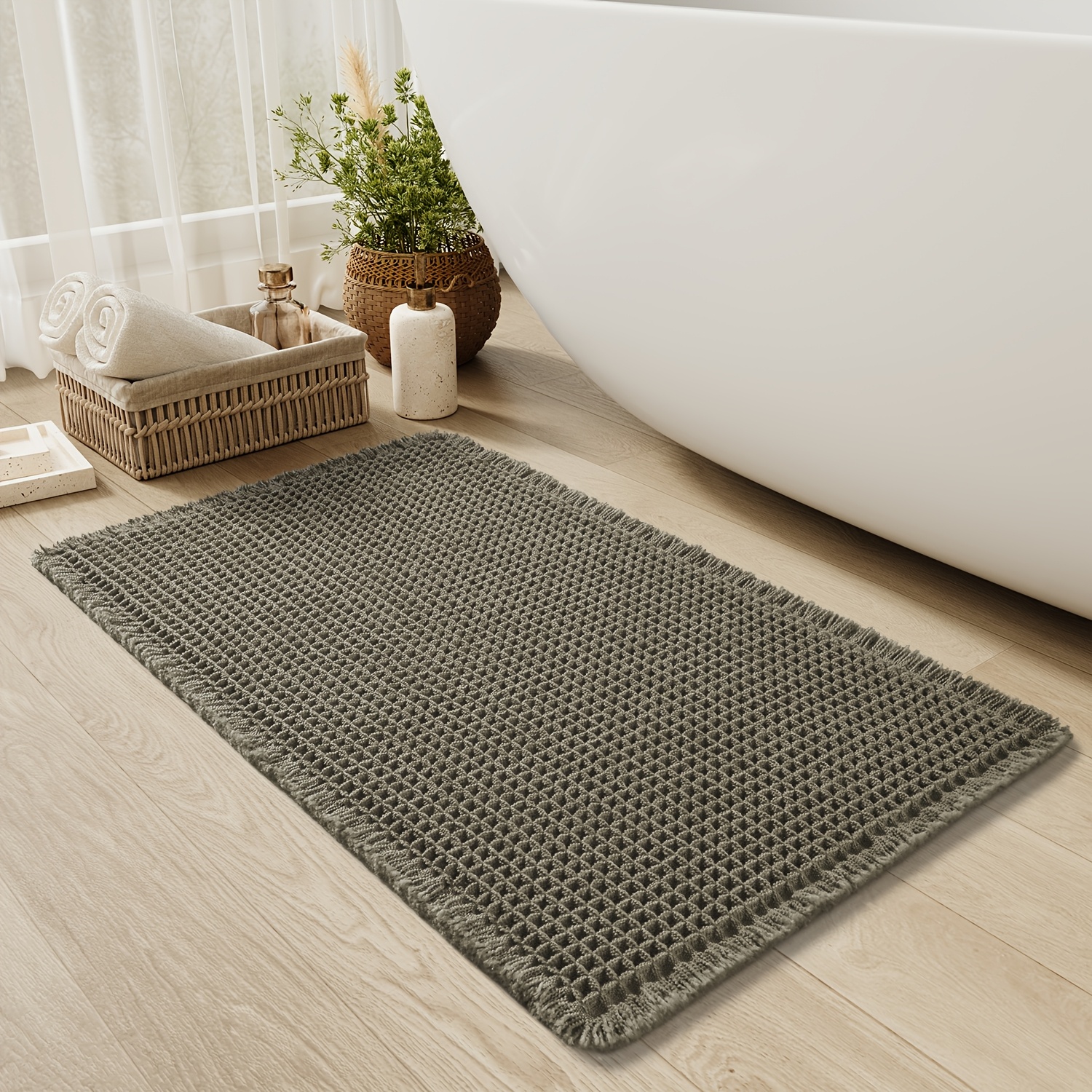 

Sixhome Ultra-absorbent Waffle Bath Mat - Non-slip, Machine Washable With Tassels, Rubber Backed Polyester Rug For Bathroom Floor