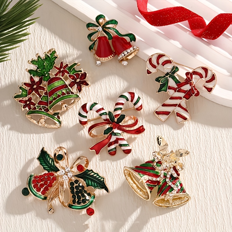 TEMU 6pcs Set Elegant Minimalist Style Christmas Bell And Candy Cane Brooch, Suitable For Holiday Outfits, Wedding Decorations, December Birthstone
