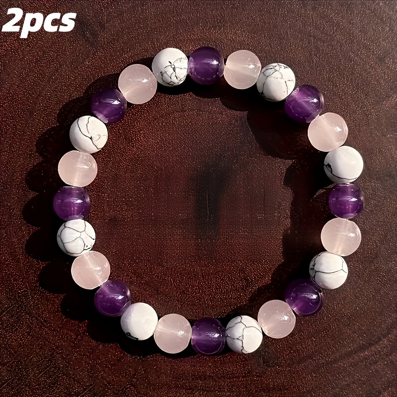 TEMU 2pcs Fashionable Multicolor Halo Bracelets, 8mm Natural Stone Bracelets - White Turquoise,, Rose Quartz, The For