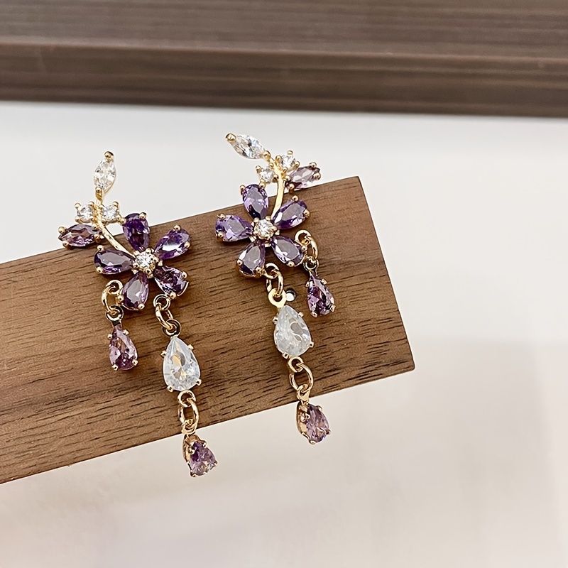 TEMU 1 Pair Of Earrings, Temperament Purple Zirconia Water Drop Flower Earrings, Copper, Suitable For Women To Attend Banquet Parties Formal Places To Wear Cheongsam Wear