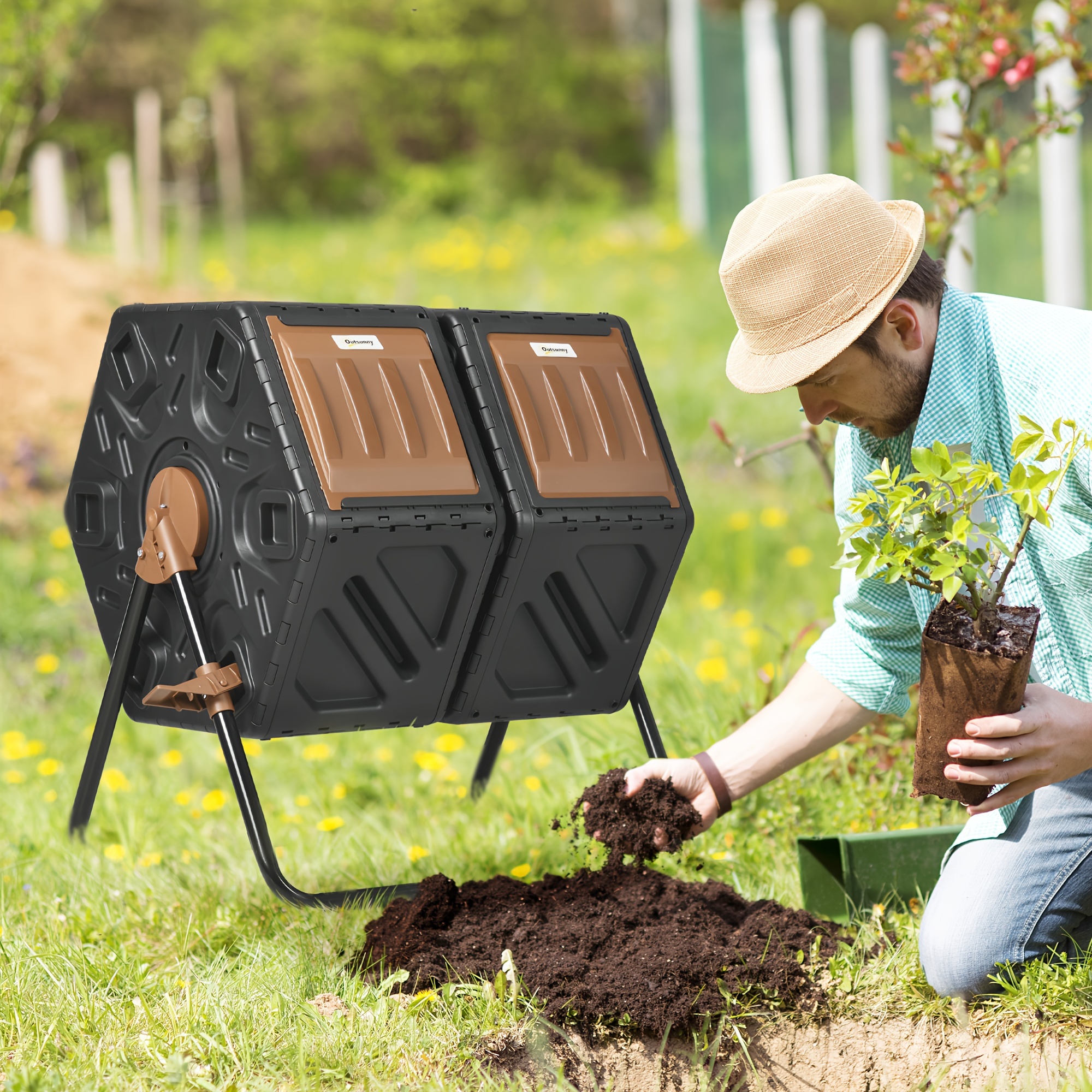 

Outsunny Dual Chamber Compost Tumbler Bin, Outdoor Tumbling Composter With 24 Ventilation Openings And Steel Legs, 34.5 Gallon