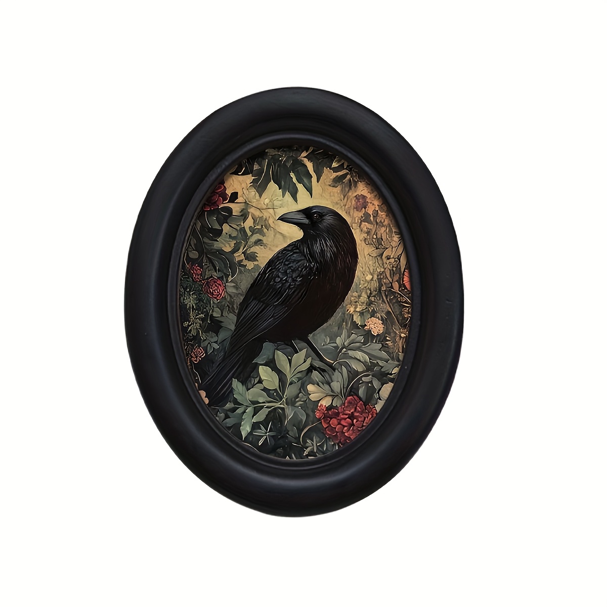 Image of 1pc Bohemian Vintage 3d Crow & Floral Wooden Photo Frame Wall Art - 4.16x5.25 Inch Handmade Transfer, Artificial Wood Oval Decor For Home Office, Halloween Thanksgiving Holiday Decoration, Boho Decor