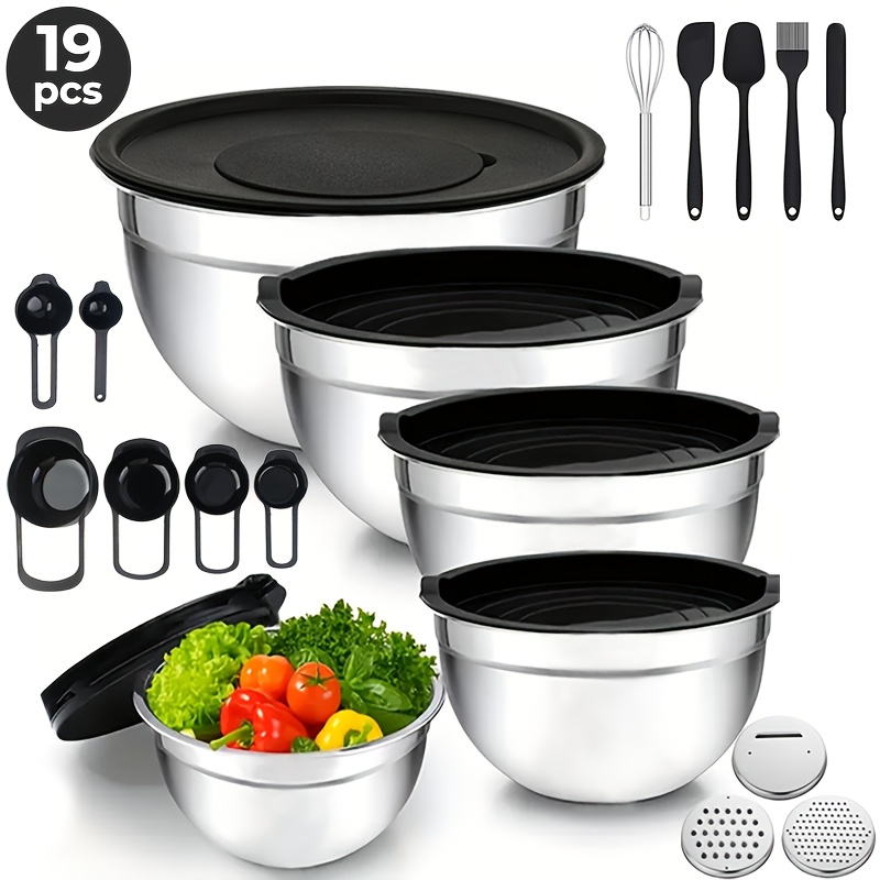 19pcs Premium Stainless Steel Salad Bowl With Lid, Stackable Salad Bowl Set, Dishwasher Safe, 3.8l, 3.3l, 2.1l, 1.5l, 1.1l, Nesting Kitchen Bowls For Serving And Mixing, Rust-resistant