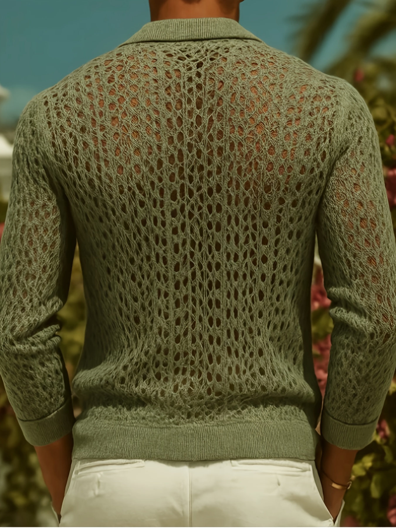 Men's Knitwear, Bean Green Hollow-out Knit Cardigan, Lapel & Single-breasted Design, Breathable & Casual, with a Relaxed Vacation Vibe