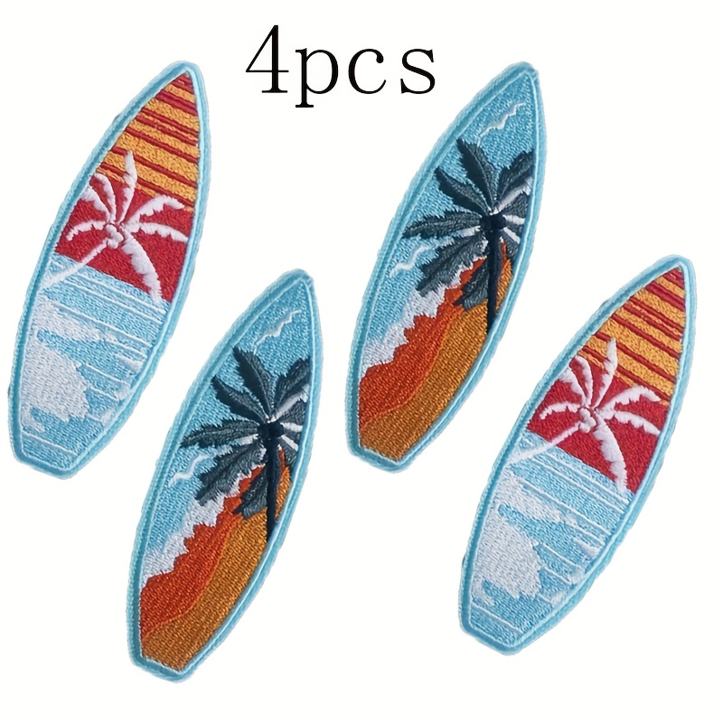 E-shop 4er-Set Surfboard Stickerei-Patches - Mit tropischen Strandmustern mit Palmen und Sonnenuntergängen, Abzeichen-Aufkleber, die mit dem Bügeleisen
