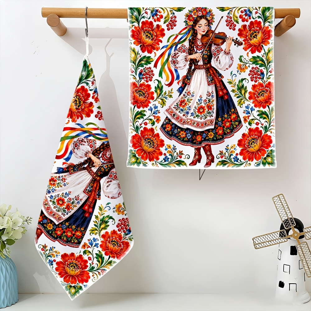 TEMU 2pcs Set, Ukrainian National Costume Theme, Polyester Kitchen Dish Towels And Scouring Pads, Used For Wiping Tables, Hands, Dishes, Etc., Fine ,