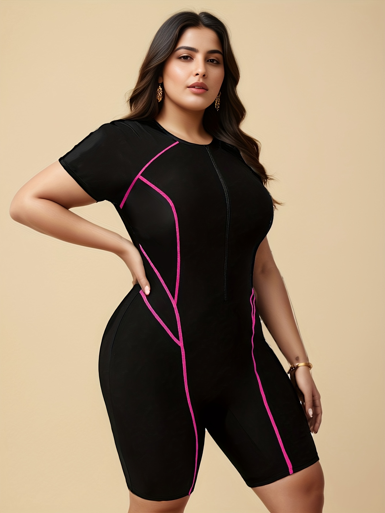 european and american new plus size swimwear womens conservative boyleg shorts zipper one piece swimsuit