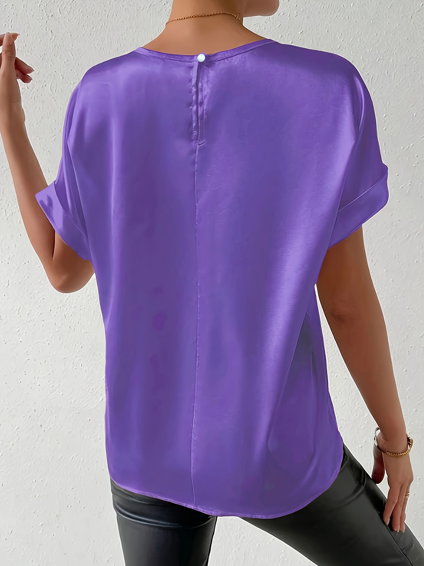Women'S Plus Size Light Blue Woven Blouse - Elegant Short Sleeve Crew Neck, Solid Color, Non-Stretch Fabric, Perfect for Summer, Casual Summer Wear|Sleek Fitted Look|Nonstretch Material, Plus Size Blouses