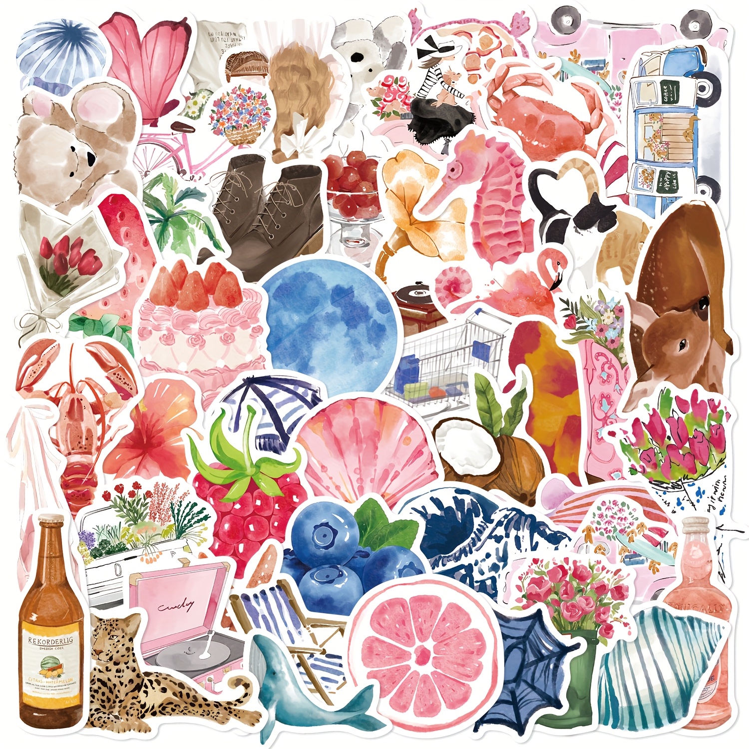 TEMU 50pcs Watercolor Diary Aesthetic Stickers - Trendy Pvc Waterproof Decals For Diy Laptop, Phone Case, Scrapbooking - High Visual - Decorative Sticker Set