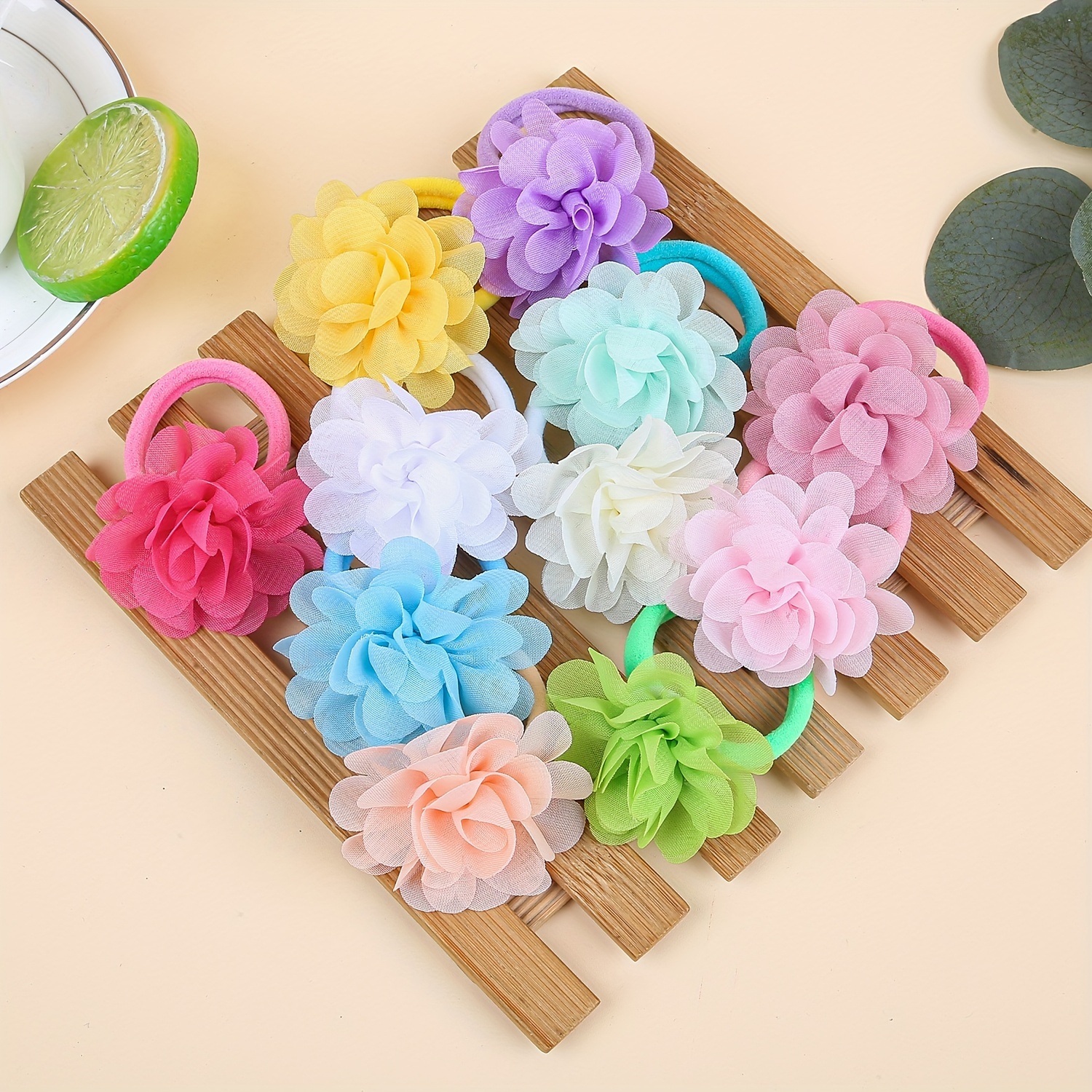 11-pack Simple Chiffon Flower Hair Ties, High Elasticity Nylon Ponytail Holders, Hair Accessories