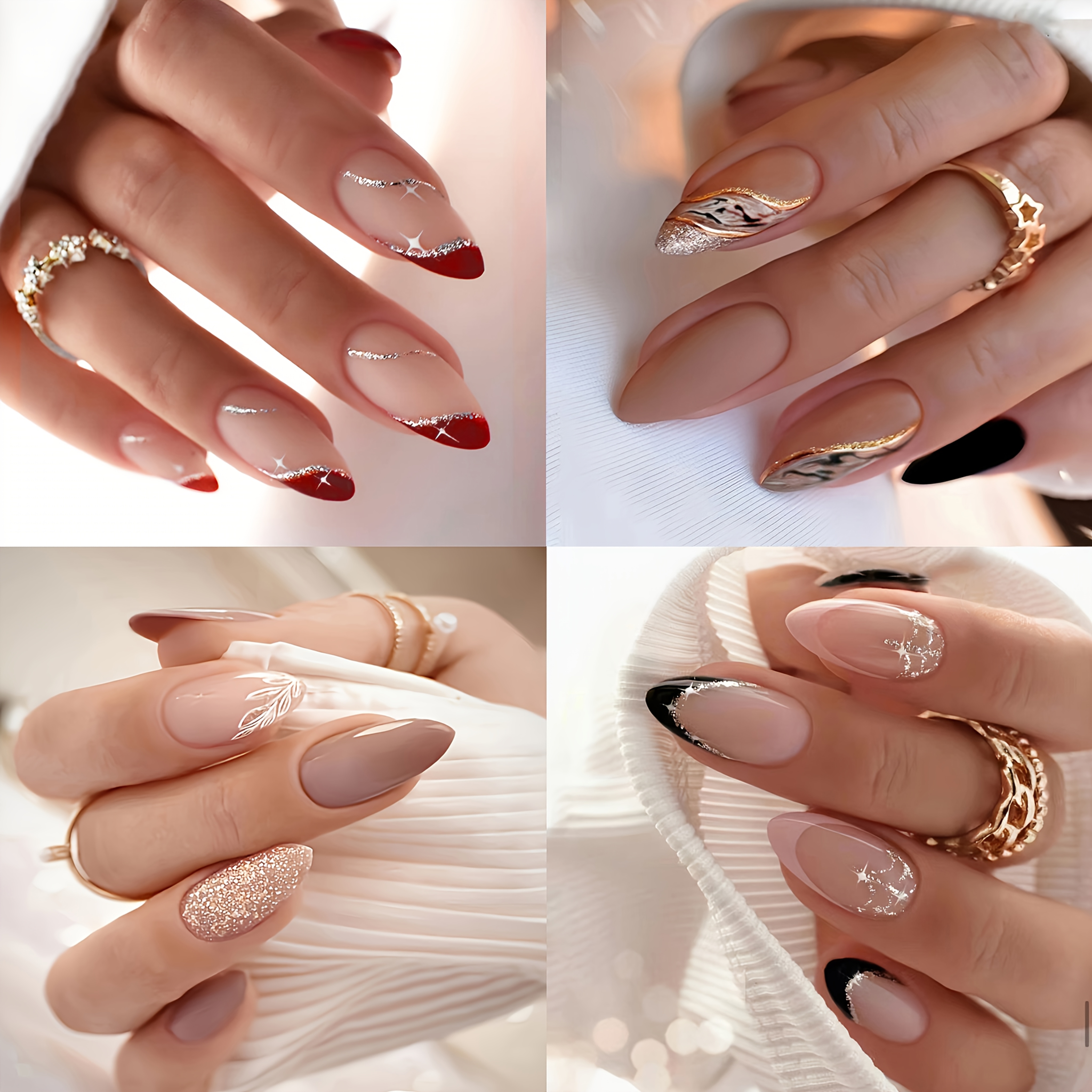 Image of Your Style With 96pcs Summer Almond Press-on Nails, Featuring Glitter Leaves, Metallic Lines, Starbursts, And Hearts. Reusable And Suitable For Daily Wear Or Work, Perfect For And Women