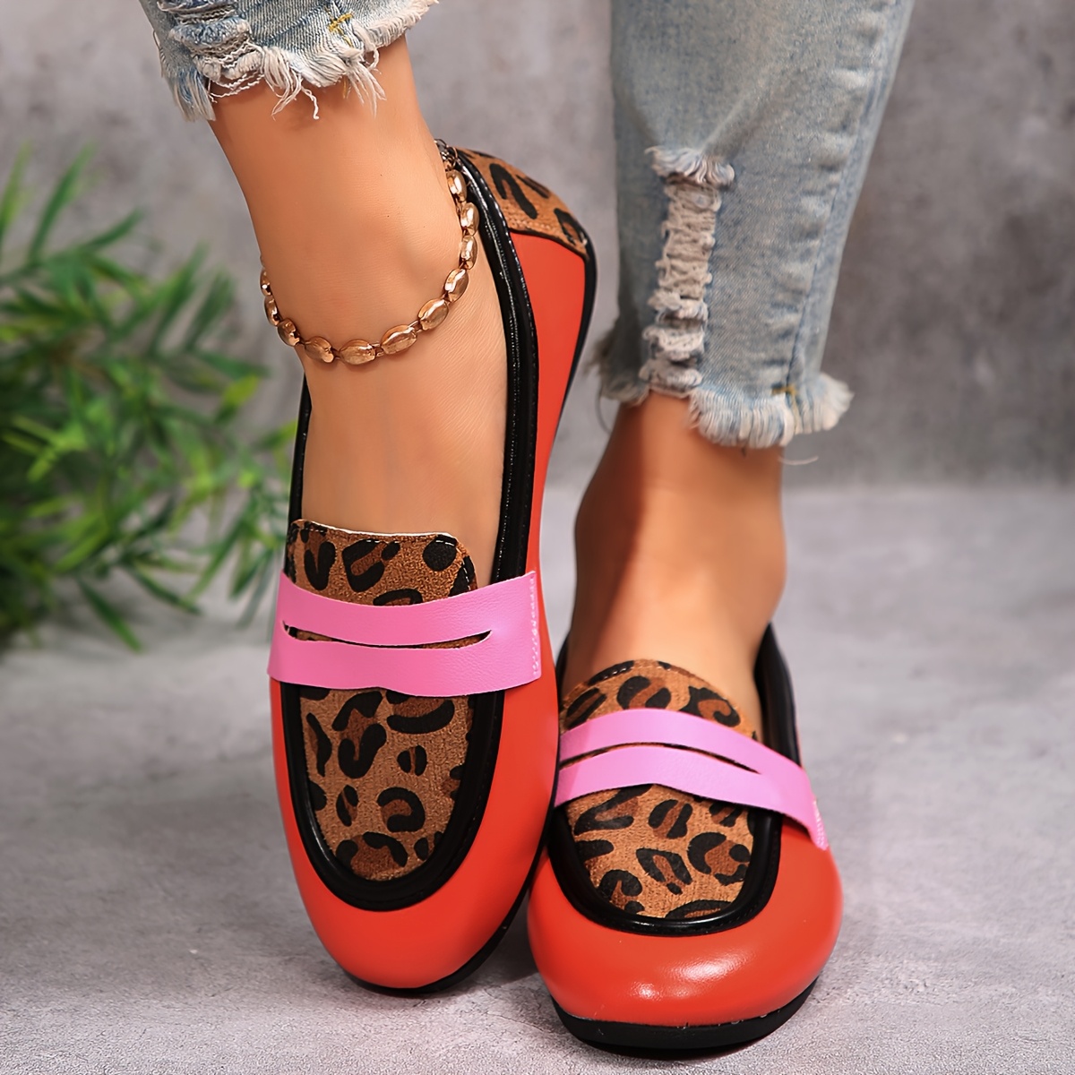 womens leopard print flats stylish red black   with   comfortable slip on casual shoes synthetic cover upper rubber sole   casual attire   details 1